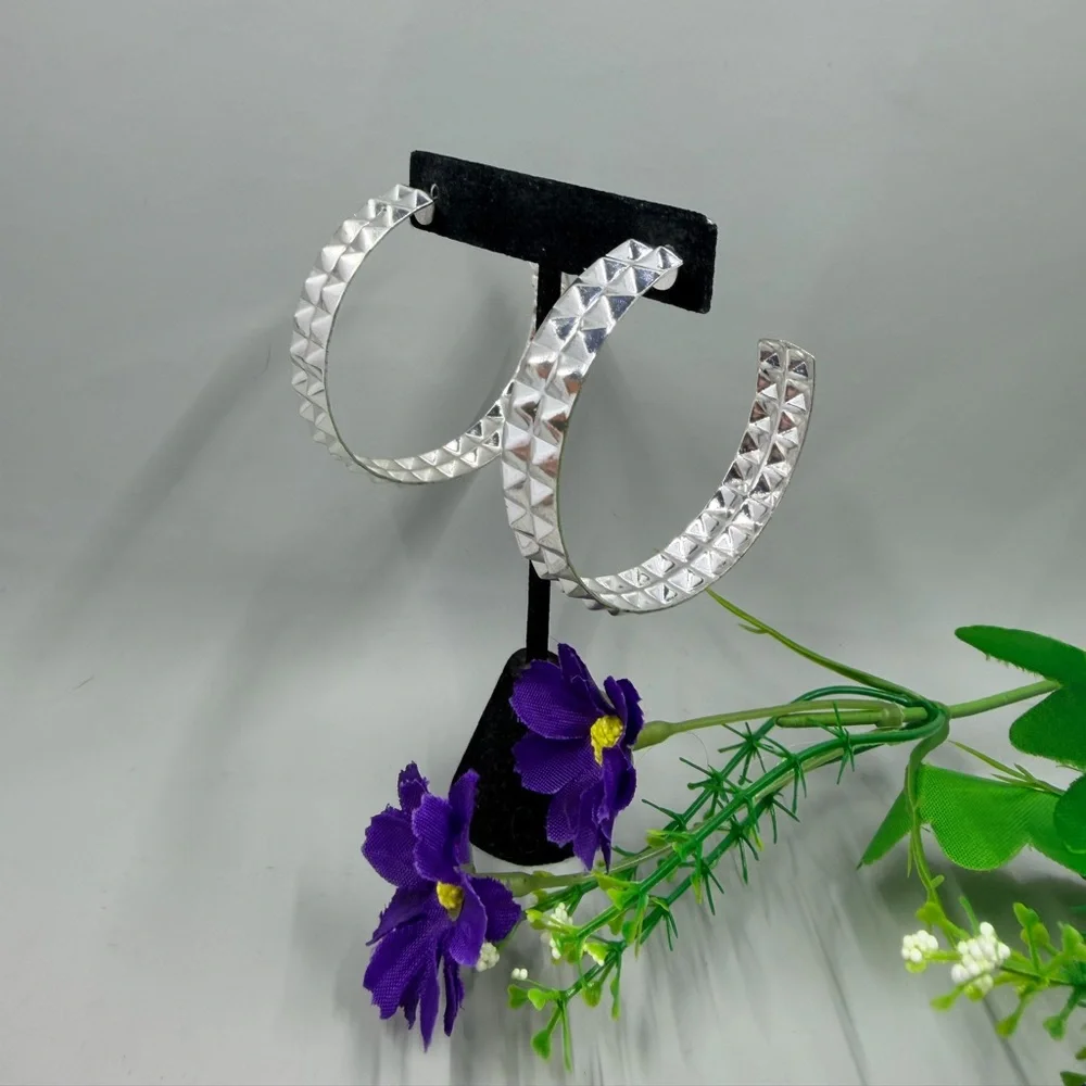 Silver Studded Style Geometric Vintage Large Hoop Earrings - Picture 1 of 4